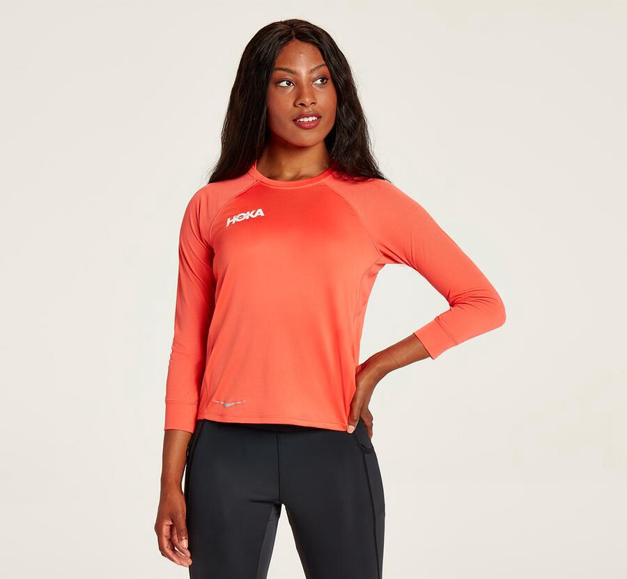 Tops Womens - Hoka One One Performance 3/4 Sleeve - Orange - NVWGZFR-46